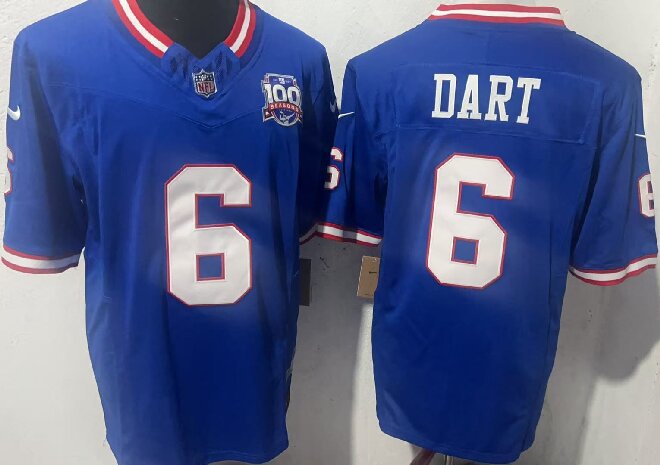 Men's New York Giants #6 Jaxson Dart Royal 2025 Draft F.U.S.E. 100th Season & State Patch Vapor Limited Stitched Football Jersey