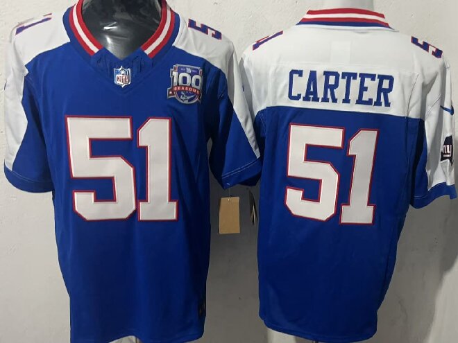 Men's New York Giants #51 Abdul Carter Royal White 2025 Draft F.U.S.E. 100th Season & State Patch Vapor Limited Stitched Football Jersey