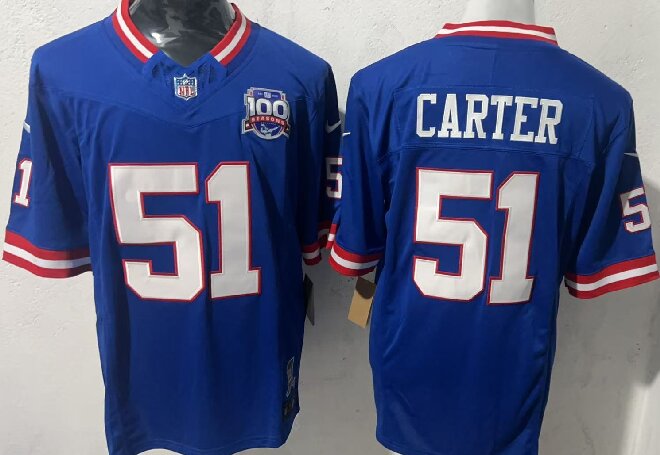 Men's New York Giants #51 Abdul Carter Royal 2025 Draft F.U.S.E. 100th Season & State Patch Vapor Limited Stitched Football Jersey