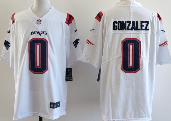 Men's New England Patriots #0 Christian Gonzalez White Stitched Game Jersey