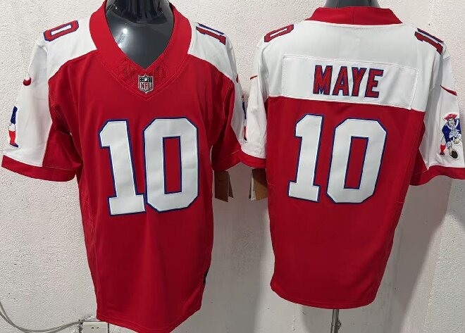 Men's New England Patriots #10 Drake Maye Red White F.U.S.E. Vapor Limited Stitched Football Jersey