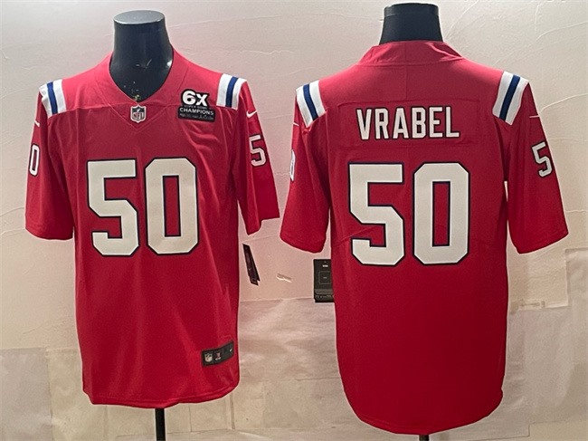 Men's New England Patriots #50 Mike Vrabel Red With 6x Super Bowl Champions Patch Vapor Limited Stitched Football Jersey