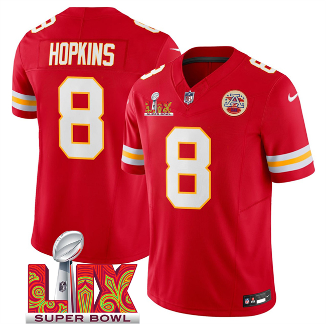 Men's Kansas City Chiefs #8 DeAndre Hopkins Red 2025 Super Bowl LIX Patch F.U.S.E. Vapor Limited Stitched Football Jersey