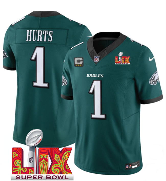 Men's Philadelphia Eagles #1 Jalen Hurts Green 2025 Super Bowl LIX Patch With 3-Star C Patch New F.U.S.E. Vapor Untouchable Limited Stitched Football Jersey