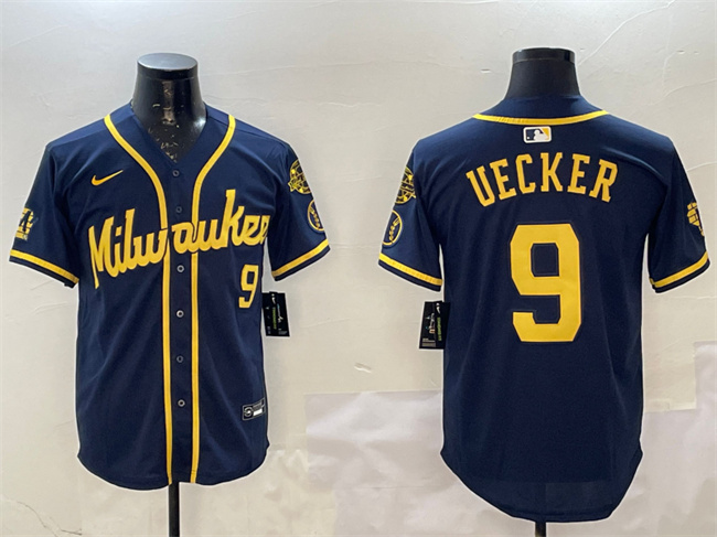 Men's Milwaukee Brewers #9 Bob Uecker Navy With Home Patch Limited Stitched Baseball Jersey