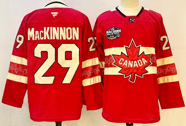 Men's Canada #29 Nathan MacKinnon Red 2025 4 Nations Face-Off Premium With C Patch Stitched Jersey