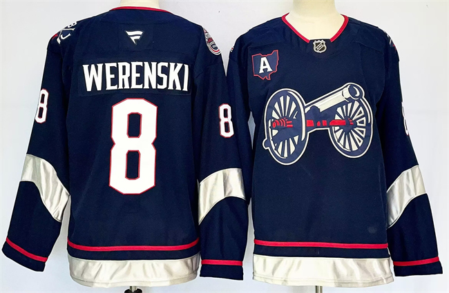 Men's Columbus Blue Jackets #8 Zach Werenski Navy 2024-25 With A Patch Stitched Hockey Jersey