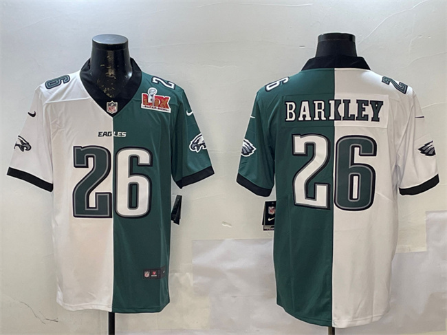 Men's Philadelphia Eagles #26 Saquon Barkley White & Green Split 2025 Super Bowl LIX Patch Vapor Untouchable Limited Stitched Football Jersey