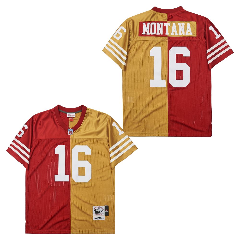 Men's San Francisco 49ers #16 Joe Montana Mitchell & Ness 1990 Split Legacy Replica Jersey - Scarlet Gold