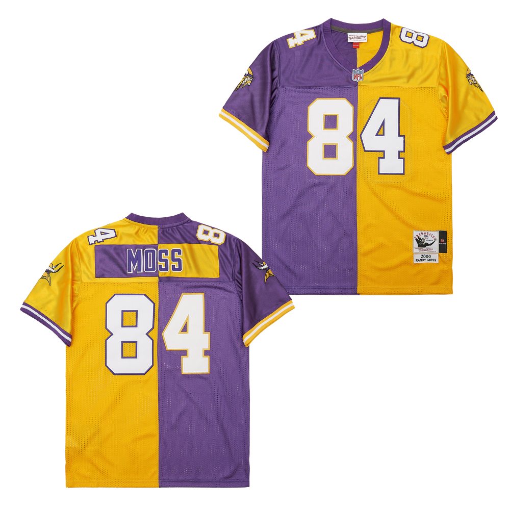 Men's Minnesota Vikings #84 Randy Moss Mitchell & Ness 2000 Split Legacy Replica Jersey - Purple Gold