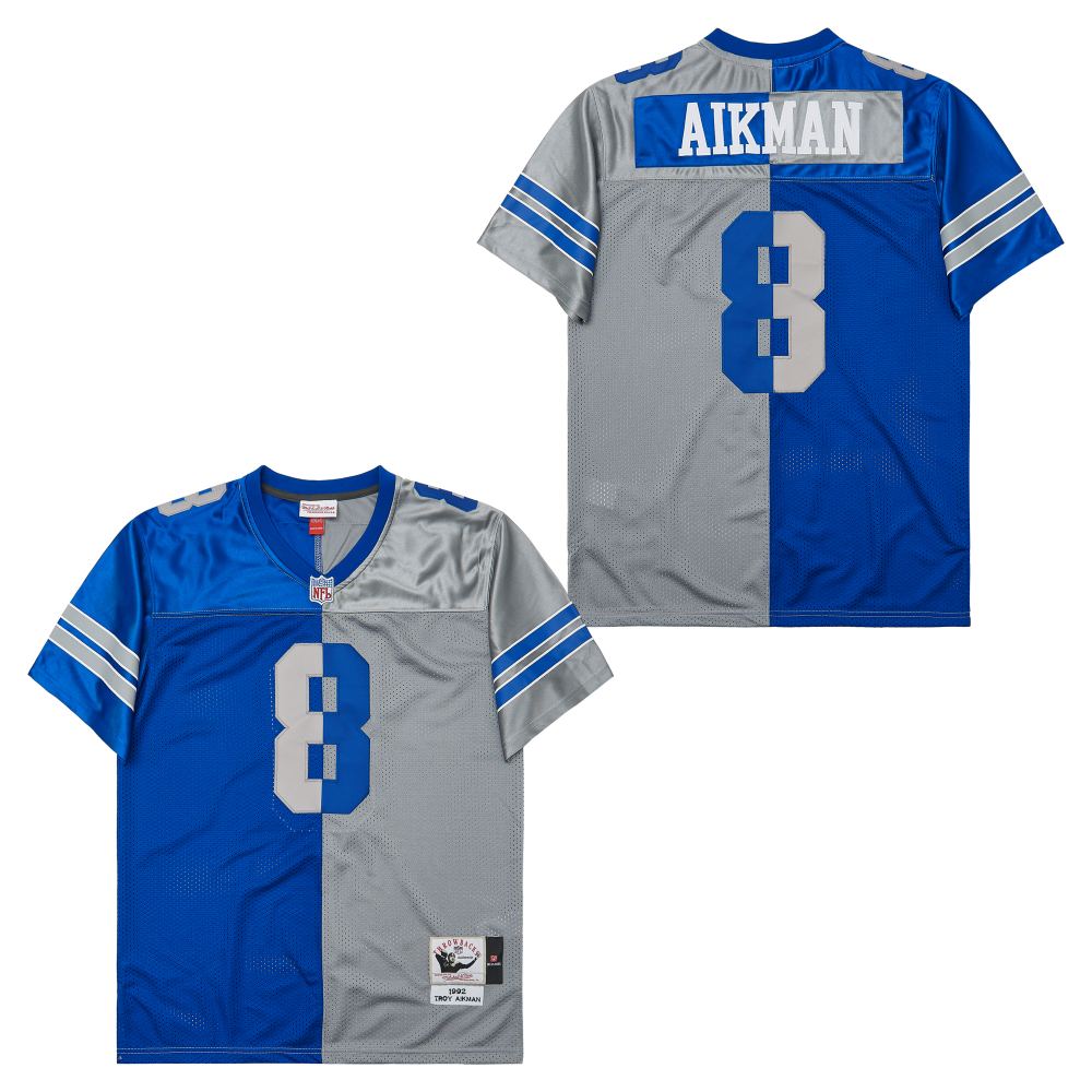 Men's Dallas Cowboys #8 Troy Aikman 1992 Mitchell & Ness Split Legacy Throwback Retired Player Jersey - Navy grey