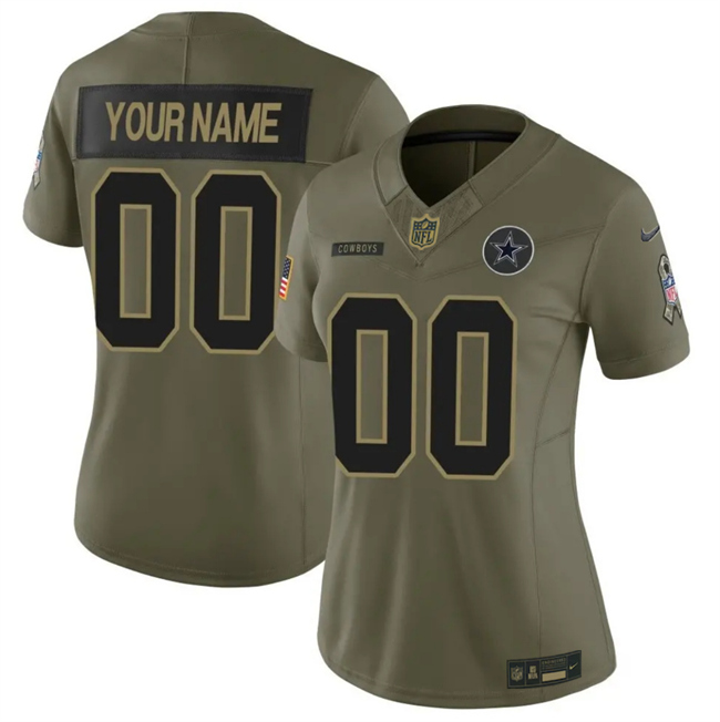 Women's Dallas Cowboys Active Player Custom Olive 2025 F.U.S.E. Salute To Service Limited Stitched Football Jersey(Run Small)