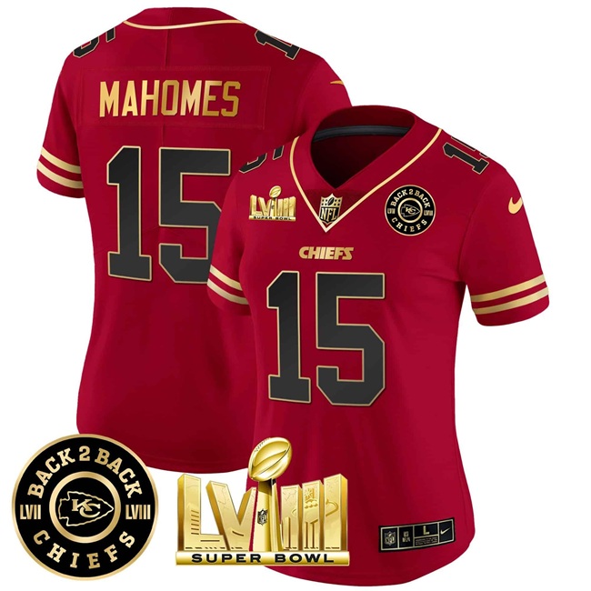 Women's Kansas City Chiefs #15 Patrick Mahomes Red Super Bowl LVIII With Back 2 Back Patch Vapor Untouchable Limited Stitched Football Jersey(Run Small)
