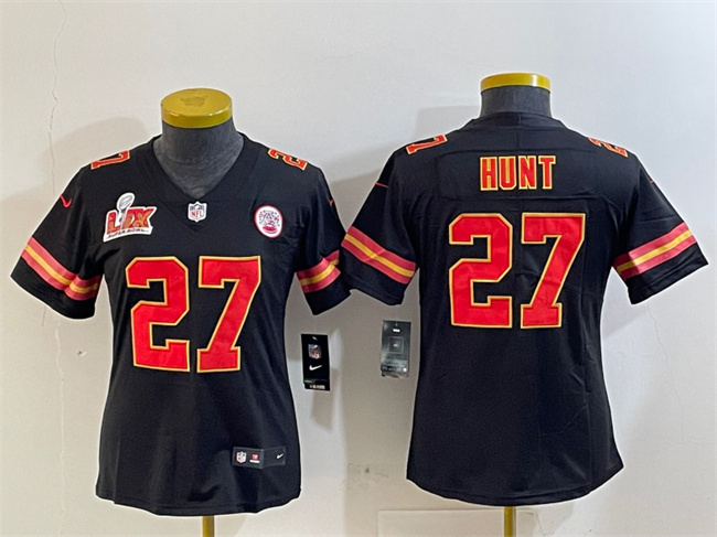 Women's Kansas City Chiefs #27 Kareem Hunt Black 2025 Super Bowl LIX Patch Vapor Untouchable Limited Stitched Football Jersey(Run Small)