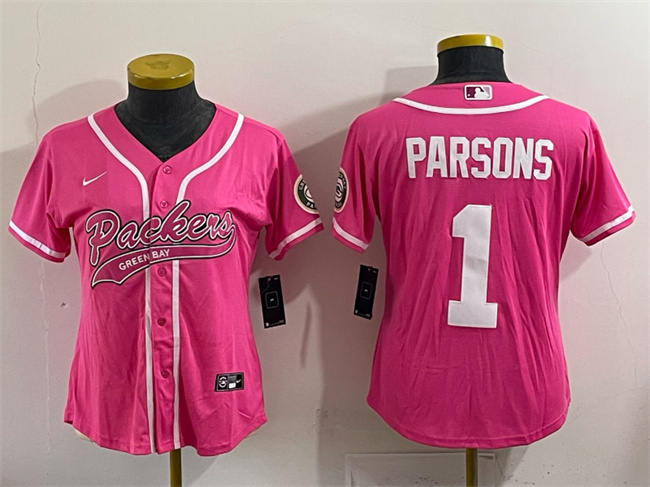 Women's Green Bay Packers #1 Micah Parsons Pink With Patch Cool Base Stitched Baseball Jersey(Run Small)