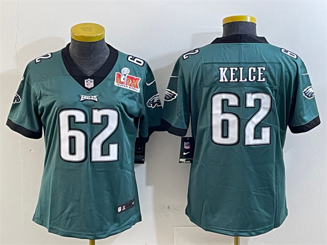 omen's Philadelphia Eagles #62 Jason Kelce Green 2025 Super Bowl LIX Patch Vapor Untouchable Limited Stitched Football Jersey(Run Small)