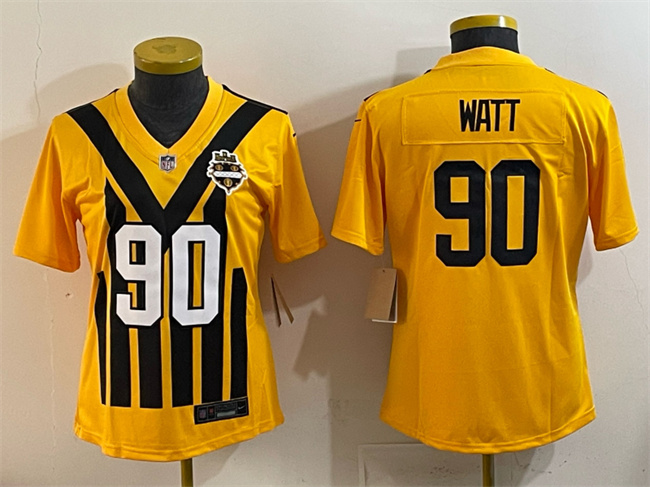 Women's Pittsburgh Steelers #90 T.J. Watt Gold 1933 Throwback Alternate Stitched Football Jersey(Run Small)