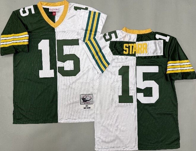 Men's Green Bay Packers #15 Bart Starr Green&White Split Legacy Replica Jersey