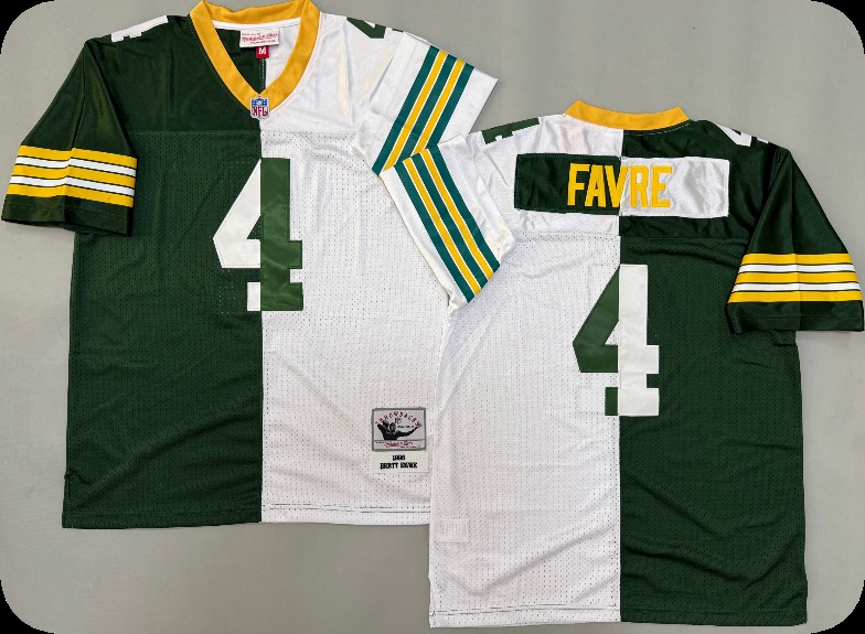 Men's Green Bay Packers #4 Brett Favre Green&White Split Legacy Replica Jersey