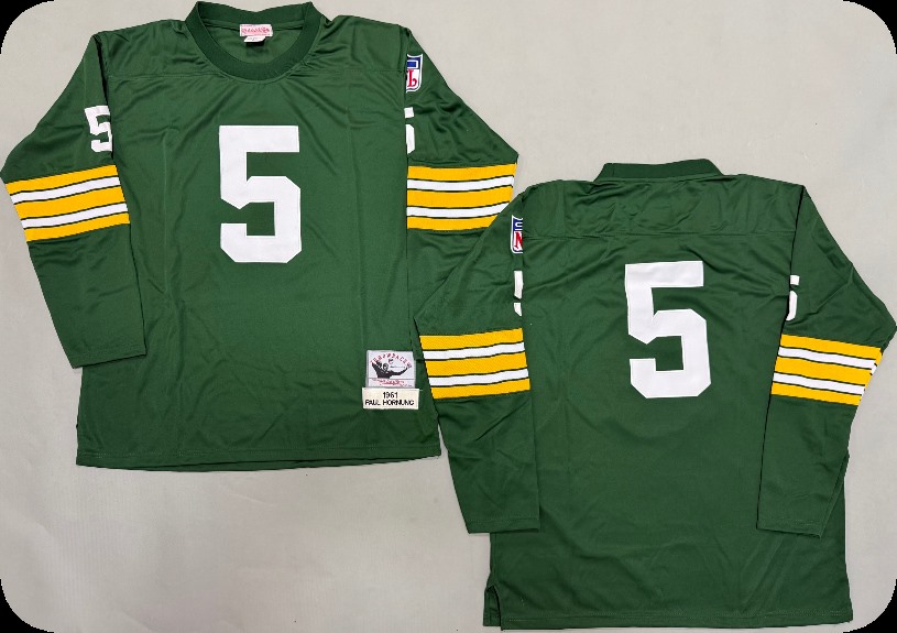 Men's Green Bay Packers #5 Paul Hornung Green Long-Sleeved Throwback Jersey