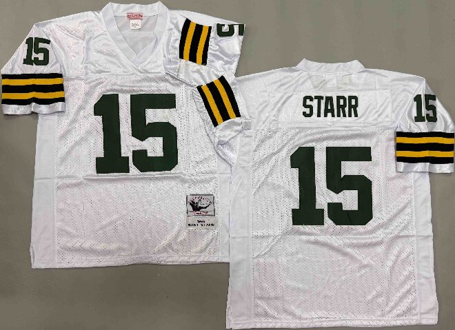 Men's Green Bay Packers #15 Bart Starr White Short-Sleeved Throwback Jersey