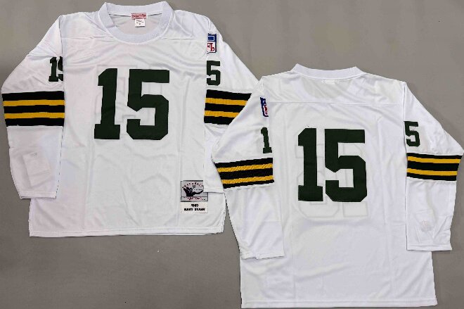 Men's Green Bay Packers #15 Bart Starr White Long-Sleeved Throwback Jersey