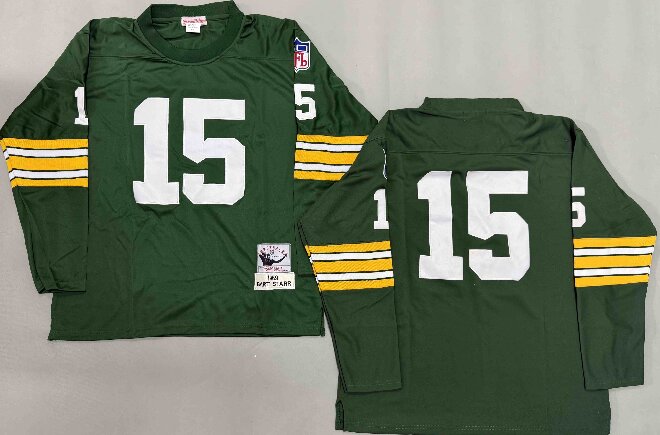 Men's Green Bay Packers #15 Bart Starr Green Long-Sleeved Throwback Jersey