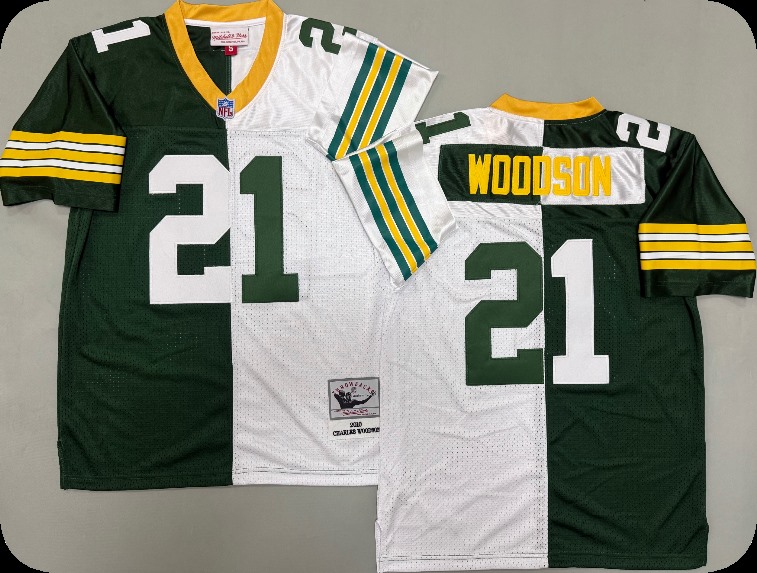 Men's Green Bay Packers #21 Charles Woodson Green&White Split Legacy Replica Jersey