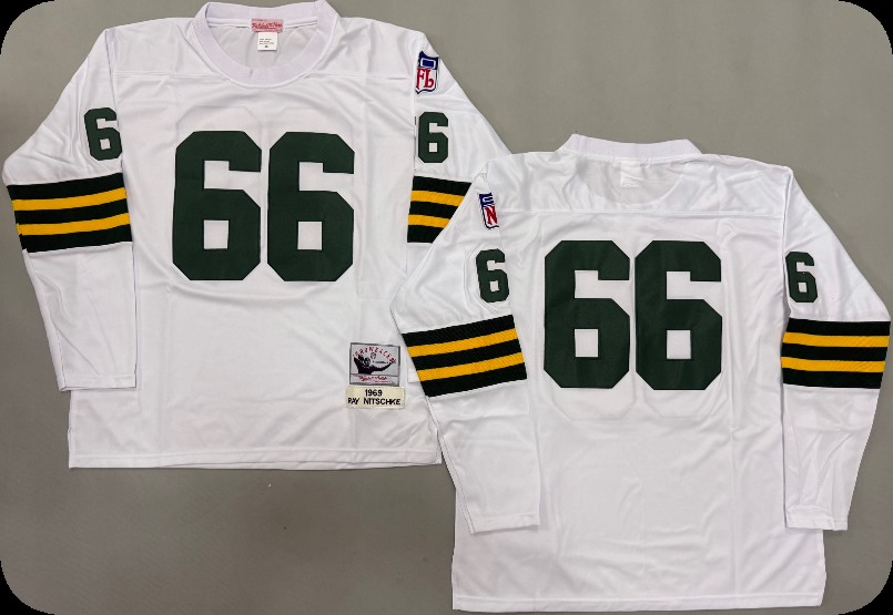 Men's Green Bay Packers #66 Ray Nitschke White Long-Sleeved Throwback Jersey