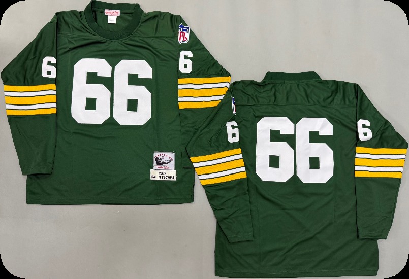 Men's Green Bay Packers #66 Ray Nitschke Green Long-Sleeved Throwback Jersey