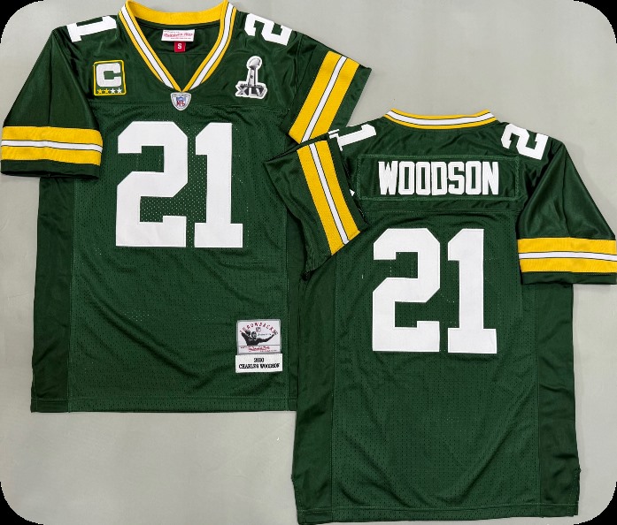 Men's Green Bay Packers #21 Charles Woodson Green With 2-star captains' patch and Super Bowl XLV patch 2010 Throwback Jersey