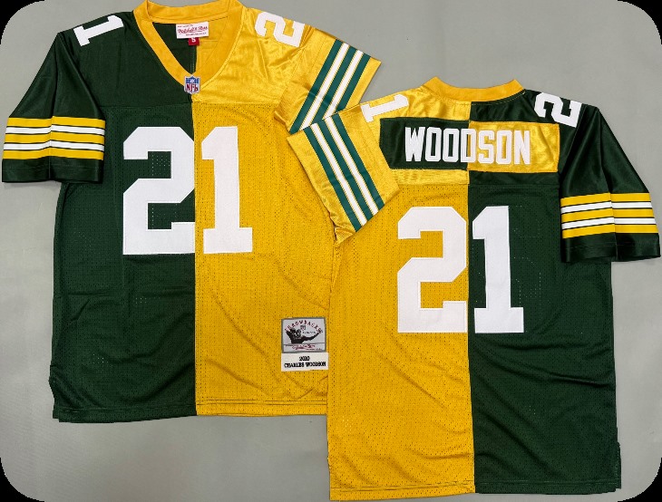 Men's Green Bay Packers #21 Charles Woodson Green&Gold Split Legacy Replica Jersey