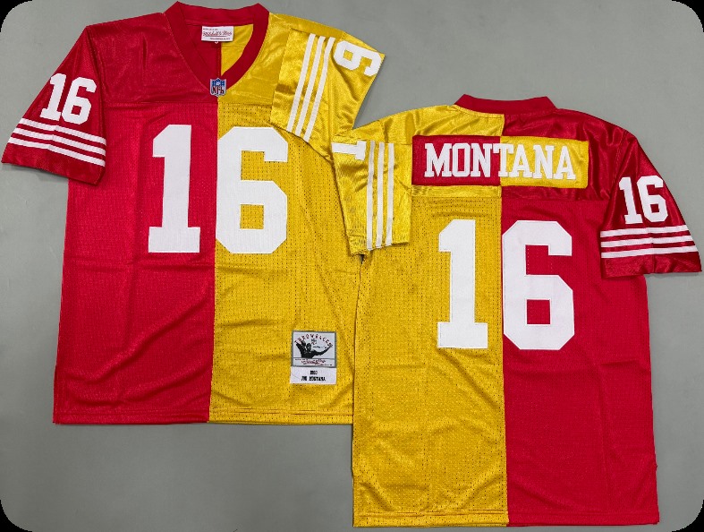 Men's San Francisco 49ers #16 Joe Montana Scarlet&Gold Split Legacy Replica Jersey