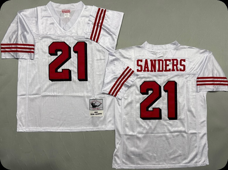 Men's San Francisco 49ers #21 Deion Sanders White  Throwback Retired Mitchell & Ness Jersey