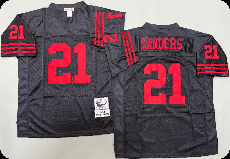 Men's San Francisco 49ers #21 Deion Sanders Black  Throwback Mitchell & Ness Jersey
