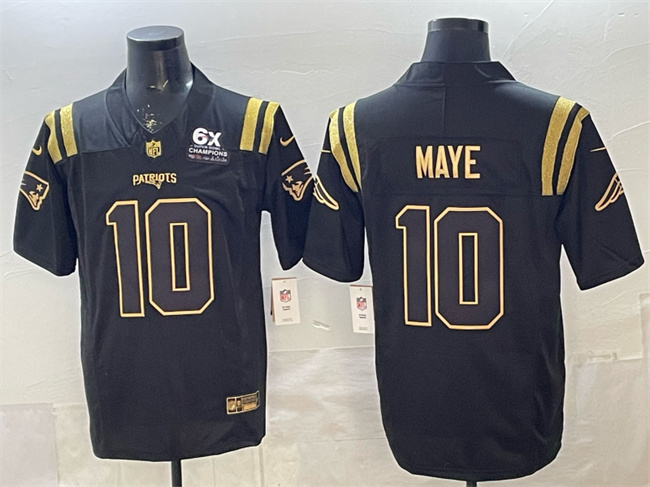 Men's New England Patriots #10 Drake Maye Black Gold 2025 F.U.S.E. With 6x Super Bowl Champions Patch Limited Stitched Football Jersey