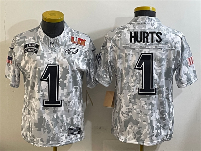 Youth Philadelphia Eagles #1 Jalen Hurts 2025 Super Bowl LIX Patch F.U.S.E Arctic Camo Salute To Service Limited Stitched Football Jersey