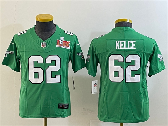 Youth Philadelphia Eagles #62 Jason Kelce Green 2025 Super Bowl LIX Patch F.U.S.E. Throwback Vapor Untouchable Limited Stitched Football  Jersey