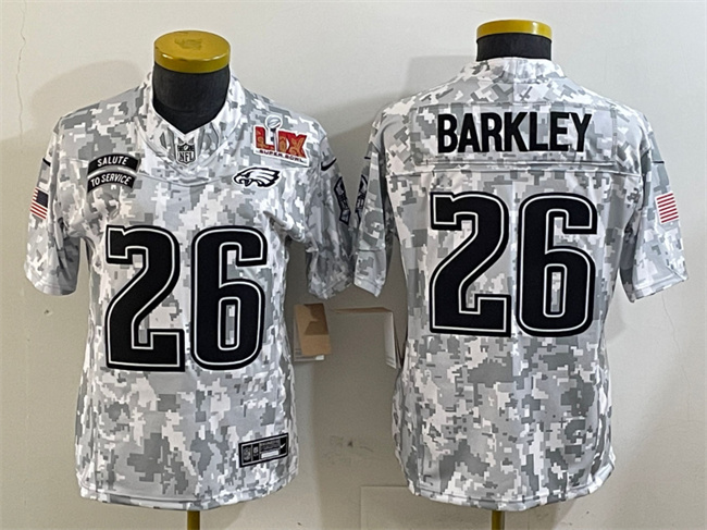 Youth Philadelphia Eagles #26 Saquon Barkley 2025 Super Bowl LIX Patch F.U.S.E Arctic Camo Salute To Service Limited Stitched Football Jersey