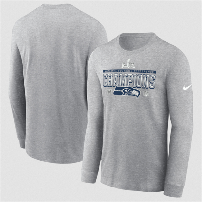 Men's Seattle Seahawks Heather Gray 2025 NFC Champions Locker Room Trophy Collection Long Sleeve T-Shirt