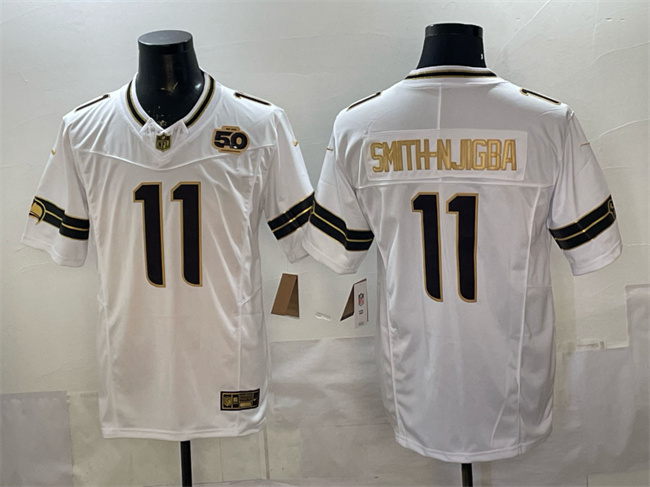 Men's Seattle Seahawks #11 Jaxon Smith-Njigba White Gold 2025 F.U.S.E. 50th Season Patch Limited Stitched Football Jersey