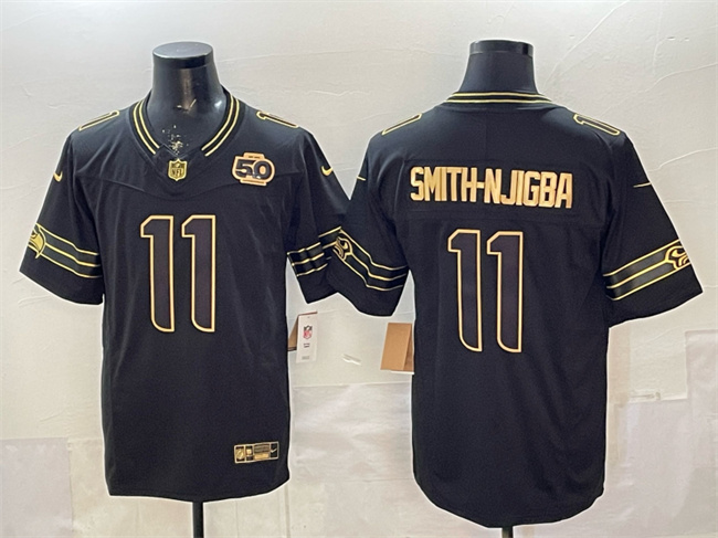 Men's Seattle Seahawks #11 Jaxon Smith-Njigba Black Gold 2025 F.U.S.E. 50th Season Patch Limited Stitched Football Jersey