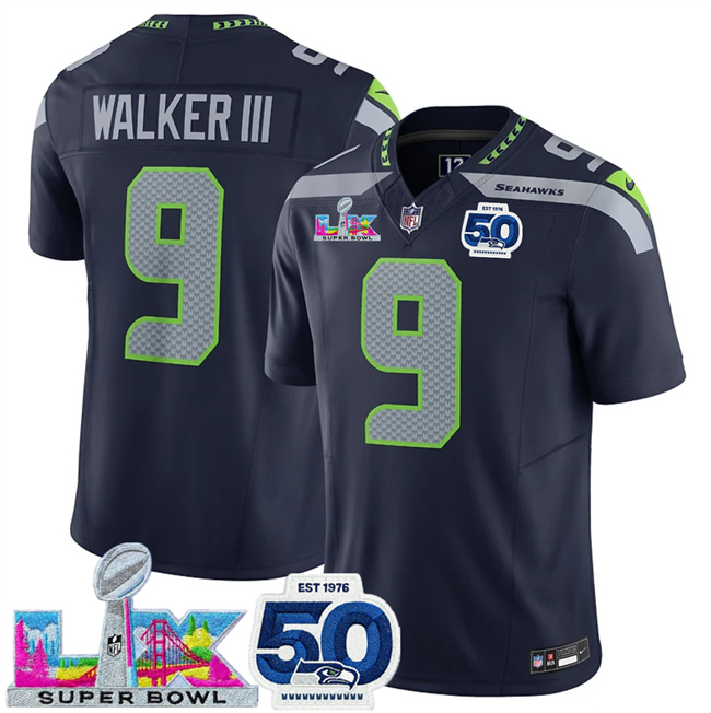 Men's Seattle Seahawks #9 Kenneth Walker III Navy 2026 F.U.S.E. Super Bowl LX Patch And 50th Season Patch Vapor Limited Stitched Football Jersey