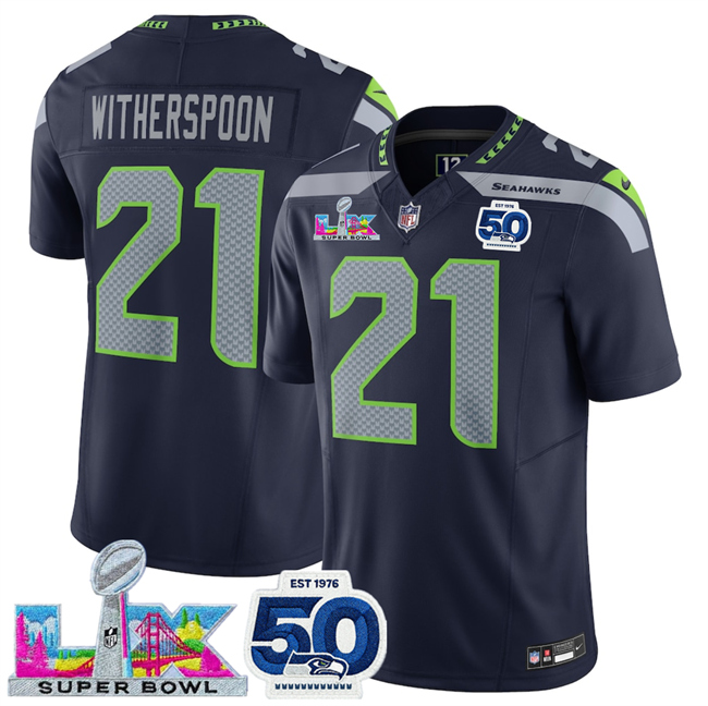 Men's Seattle Seahawks #21 Devon Witherspoon Navy 2026 F.U.S.E. Super Bowl LX Patch And 50th Season Patch Vapor Limited Stitched Football Jersey
