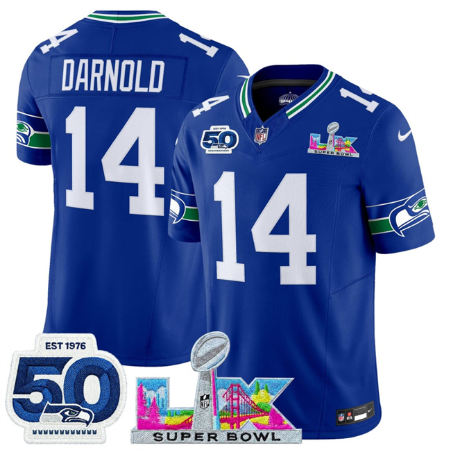 Men's Seattle Seahawks #14 Sam Darnold Royal 2026 F.U.S.E. Super Bowl LX Patch And 50th Season Patch Vapor Limited Stitched Football Jersey