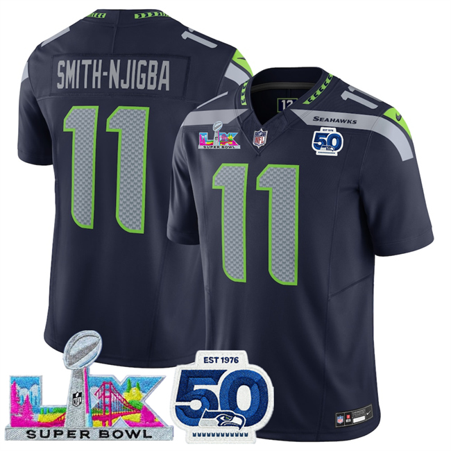 Men's Seattle Seahawks #11 Jaxon Smith-Njigba Navy 2026 F.U.S.E. Super Bowl LX Patch And 50th Season Patch Vapor Limited Stitched Football Jersey