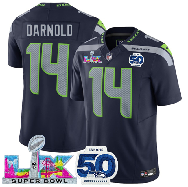 Men's Seattle Seahawks #14 Sam Darnold Navy 2026 F.U.S.E. Super Bowl LX Patch And 50th Season Patch Vapor Limited Stitched Football Jersey