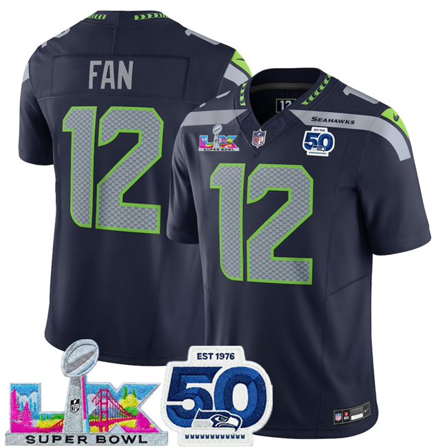 Men's Seattle Seahawks #12 Fan Navy 2026 F.U.S.E. Super Bowl LX Patch And 50th Season Patch Vapor Limited Stitched Football Jersey