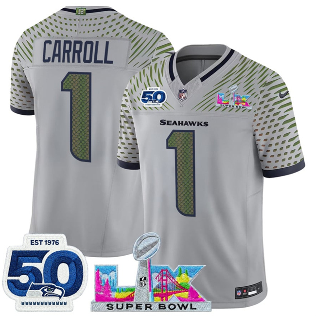 Men's Seattle Seahawks #1 Pete Carroll Grey 2026 F.U.S.E. Super Bowl LX Patch And 50th Season Patch “Rivalries” Vapor Limited Stitched Football Jersey