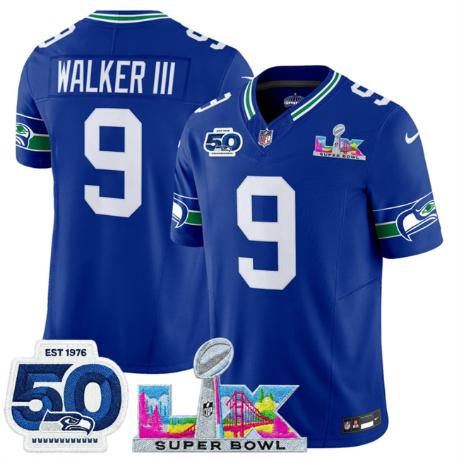 Men's Seattle Seahawks #9 Kenneth Walker III Royal 2026 F.U.S.E. Super Bowl LX Patch And 50th Season Patch Vapor Throwback Limited Stitched Football Jersey